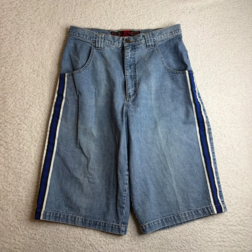 One Soul Vintage Y2K Skater Denim Shorts Baggy Stripe Embroidered Blue 34 (32)